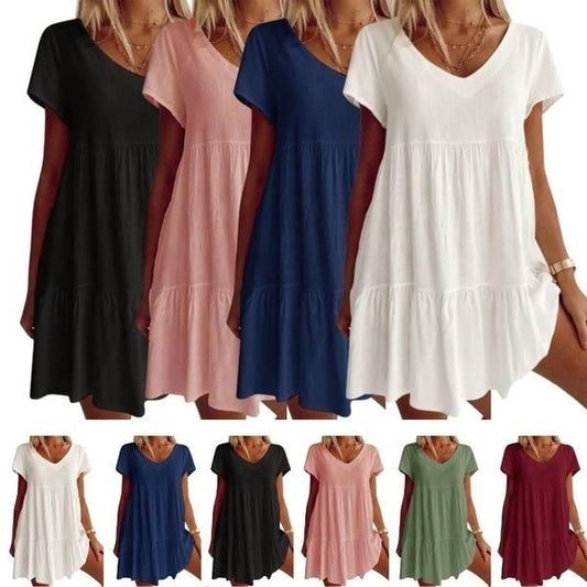 Plus Size Cotton-Blend V Neck Casual Short Sleeve Weaving Dress